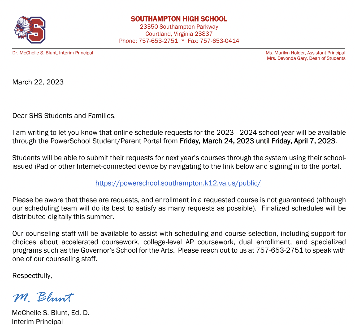 2023-24 Course Requests Open 3/24 to 4/7 in Parent/Student Portal